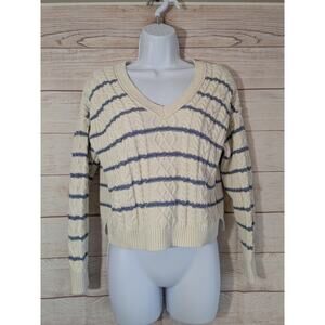 AEROPOSTALE Sweater Cropped Cable Knit V-Neck Cream/Blue Stripe Size Small